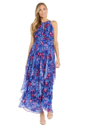 R & M Richards Long Floral Print Chiffon Daytime Dress In Royal