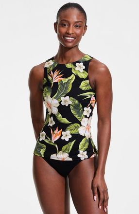 Lands End DD-Cup High Neck UPF 50 Sun Protection Modest Tankini Swimsuit Top in Hibiscus Floral/black at Nordstrom, Size 10