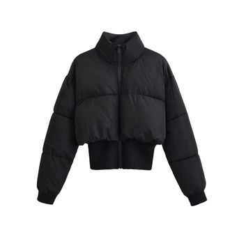 Generic Womens Solid Color Stand Collar Zipper Short Cotton Jacket, Classic, Simple, Warm, Outerwear Black