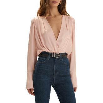 Favorite Daughter Surplice Long Sleeve Satin Bodysuit in Blush Pink at Nordstrom, Size X-Large