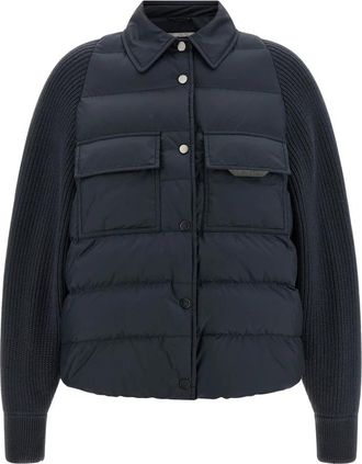 Brunello Cucinelli Twee-Materiaaldetaillering Glanzende Klep Donsjack - Dames - Gewatteerde jassen - Blauw - S - Wol - Jassen