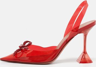 Amina Muaddi Red Pvc Rosie Crystal Embellished Bow Slingback Pumps