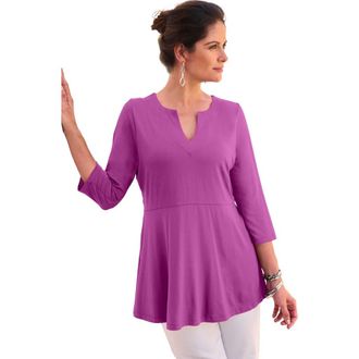 Jessica London Stretch Knit Henley Notch Babydoll Tunic in Deep Orchid at Nordstrom, Size Medium