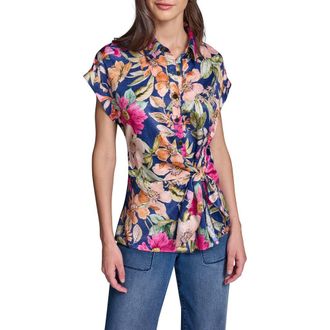 Karl Lagerfeld Side Tie Cr&ecirc;pe de Chine Button-Up Shirt in Currant/Light Blush Multi at Nordstrom, Size X-Small
