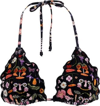 Agua Bendita Top bikini con ruches e ricamo - Nero