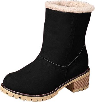 Generic Yolimok Winter Boots for Women Snow Boots Womens Suede Mid Block Heel Slip On Warm Boot Casual Walking Fluffy Fur Lined Chunky Heel Boot Winter Platfo