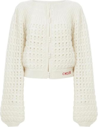 Chlo&eacute; White Round Neck Logo Cardigan
