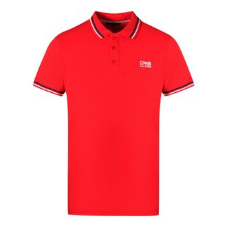 Cavalli Mens Twinned Tipped Collar White Logo Red Polo Shirt Cotton - Size X-Large