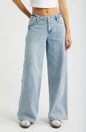 YMI Joey Super Wide Leg Jeans with Love Appliqu&eacute; in Light Blue at Nordstrom, Size 13