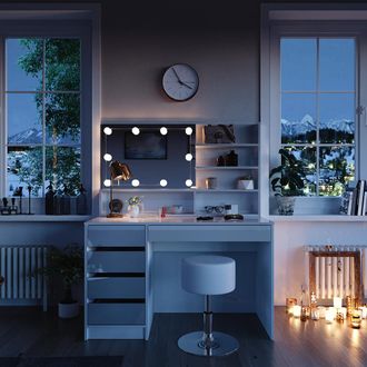 Vicco Tocador Sherry, Blanco, 145 Cm Con Iluminaci&oacute;n Led, Taburete Y Estante Con Espejo