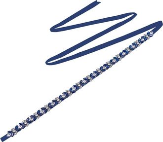 Generic Women Rhinestones Belt Bride Thin Sash Wedding Accessories Navy Blue Stone Patch Women Satin Belt Navy Blue Ribbon