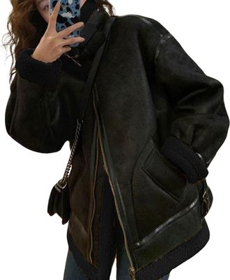 Generic Women Oversized Faux Suede Moto Jacket Sherpa Fleece Lined Leather Jacket Aviator Shearling Fur Coat Overcoat (Black,XL)