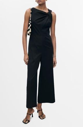 Mango Asymmetric Neck Cotton Blend Crop Jumpsuit in Black at Nordstrom Rack, Size Medium