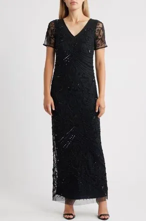 Pisarro Nights Beaded Mesh Gown in Black at Nordstrom Rack, Size 4