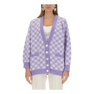 Alessandra Rich Cardigans, female, Multicolor, Size: XS Vichy Knitted Long Cardigan with Hotfix
