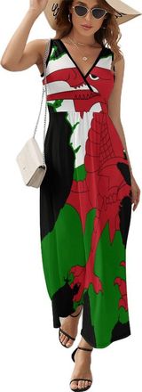 Generic Flag Map of Wales Womens Sleeveless Dress Casual V-Neck Maxi Dress Sundress XL