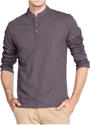 Hoerev Brand Men Casual Long Sleeve Linen Shirts Beach Henley Top Shirts Grey