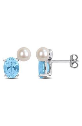 Delmar 5.5-6mm Cultured Freshwater Pearl & Sky Blue Topaz Stud Earrings at Nordstrom Rack