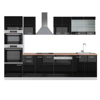 Vicco Mueble De Cocina R-line, Negro Brillo/blanco, 300 Cm Con Armario Alto, Et Roble