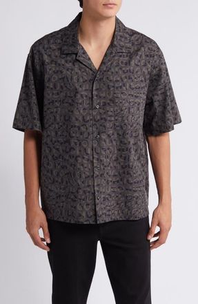 HUGO BOSS Egeeno Oversize Camo Logo Camp Shirt in Black at Nordstrom, Size Xx-Large