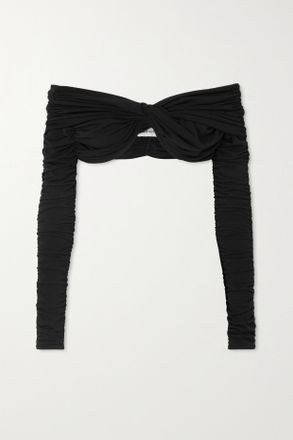 M&ocirc;not Off-the-shoulder Cropped Twisted Ruched Stretch-jersey Top - Nero