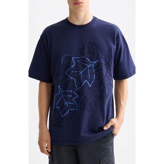 Scotch & Soda Loose Fit Leaf Embroidered Cotton T-Shirt in Peacoat at Nordstrom, Size Xx-Large