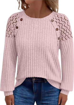 Generic Womens Jumpers UK Long Sleeve Womens Sweaters Lace Round Neck Ladies Jumper Waist Ribbed Knit Pullover Slim Fit Comfortable Autumn Winter Tops Pink
