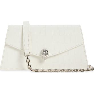 Alexander McQueen Mini Skull Croc Embossed Leather Crossbody Bag in White at Nordstrom
