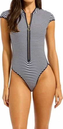 Seafolly Clubhouse Cap Sleeve Zip Front One Piece In Navy Stripe