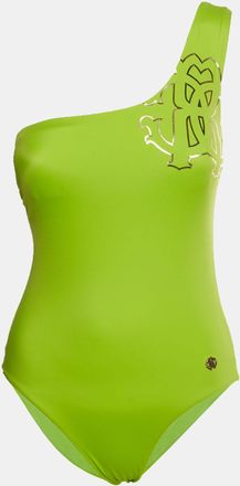 Roberto Cavalli Green Monogram Knit One-Shoulder Swimsuit