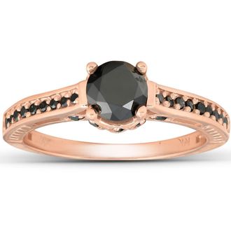 Pompeii3 1 1/4ct Vintage Round Cut Black Diamond Engagement Ring 14K Rose Gold Size Selectable