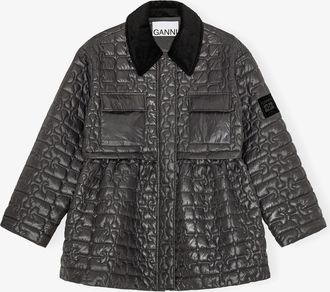 Ganni Mixed Dark Grey Quilt Midi Jacket - Size XXS/XS Recycled Nylon