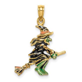 Diamond2Deal 14k Yellow Gold 3-D Enameled Witch Flying on Broom Charm