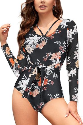 SHEKINI One-Piece Rash Guard Swimsuits for Women Tummy Control Swimwear UV UPF 50+ Ladies Swimming Costumes Monokinis Surf Suit Long Sleeves Modest Swimwear H