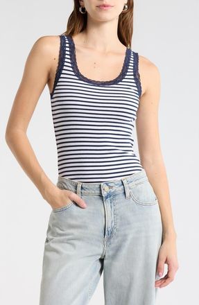 Abound Lace Trim Tank Top in White Navy I Faye Stripe at Nordstrom Rack, Size X-Large