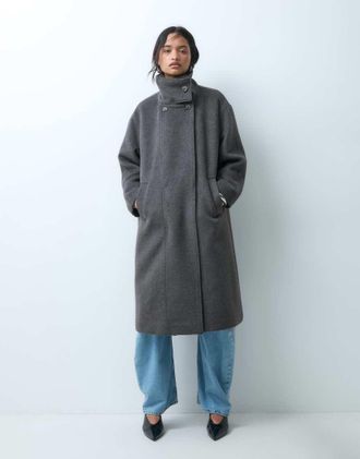 Asos cappotto elegante con collo a imbuto in lana grigio marrone