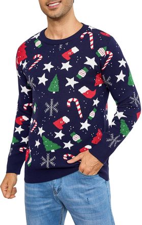 iClosam Mens Christmas Jumpers Long Sleeve Pullover Crew Neck Ugly Funny Novelty Snowman Stars Knitwear Top Dark Blue