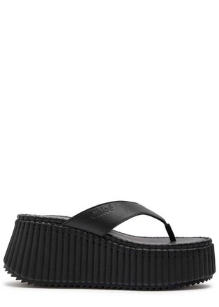 Chlo&eacute; Nama 80 Thong Leather Wedge Sandals - Black - 39 (IT39 / UK6)