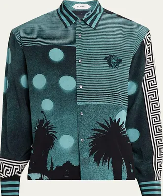 Versace Mens Sunset Palms Silk Crepe De Chine Shirt