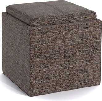 Simpli Home Rockwood 17in Contemporary Square Cube Storage Ottoman with Tray