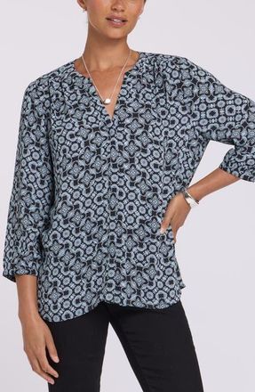 NYDJ Print Pintuck Top in Angelika Navy at Nordstrom, Size Xx-Small