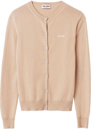 Miu Miu logo-intarsia fine-knit cardigan - women - Cashmere - 44 - Neutrals