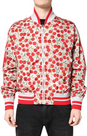 Dolce & Gabbana Mens White Cherry Print Full Zip Bomber Jacket And Red Polyester Clothing