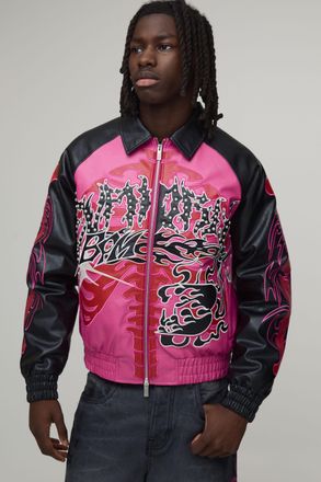 Boohooman Mens Boxy Fit Euphoric Graphic Skeleton PU Applique Varsity Jacket - Pink - Size X-Small