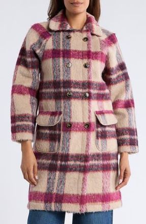 Melloday Plaid Faux Fur Peacoat in Beige Burgundy Plaid at Nordstrom Rack, Size X-Large