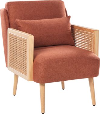 Beliani Sill&oacute;n Tradicional De Poli&eacute;ster Estructura De Madera Con Rat&aacute;n Trenzado Patas De Madera Tapones De Pl&aacute;stico Con Coj&iacute;n Naranja Orum
