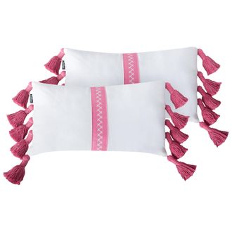 Beliani Beliani - Conjunto De 2 Cojines Decorativos De Algod&oacute;n Con Borlas Rosas Rectangular Blanco Y Rosa 30 X 50 Cm Lovely
