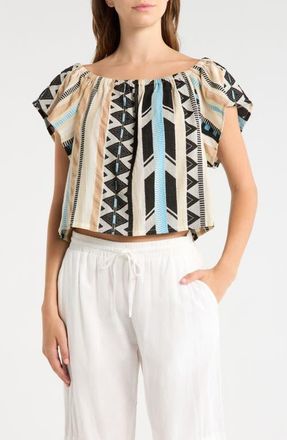 Elan Ruffle Off the Shoulder Top in Neutral Aztec at Nordstrom, Size X-Small