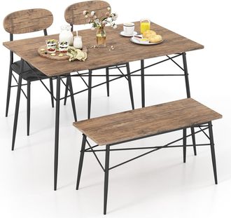 Costway 4 Pcs Dining Table Set Rectangular Kitchen Table w/ Bench & 2 Upholstered Chairs