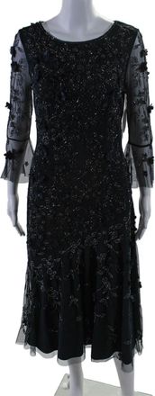 Theia Womens Navy Floral Detail Beaded Crew Neck Long Sleeve Shift Dress